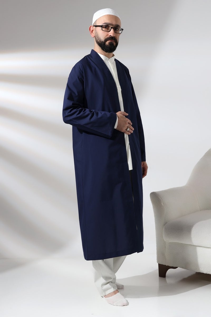 İhvan Online Ihvan Online Navy Blue Men's Prayer Dress V Neck Buttonless Open Front Prayer Robe  - Image 2