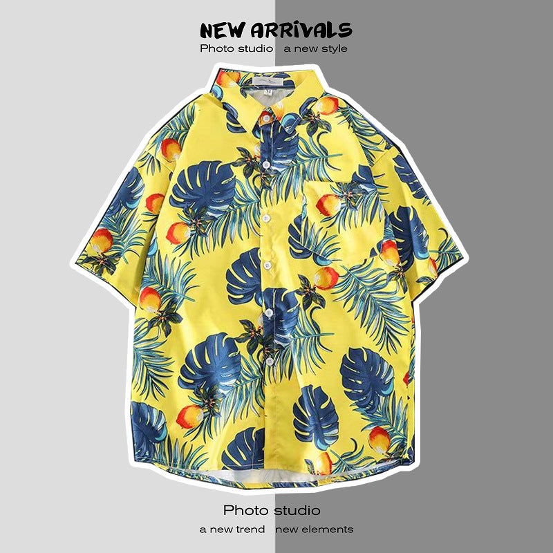 Japanese Style Instagram Style Summer Short-sleeved Floral Shirt for Men and Women Retro Loose Shirt for Hawaiian Beach Couple 1129 yellow