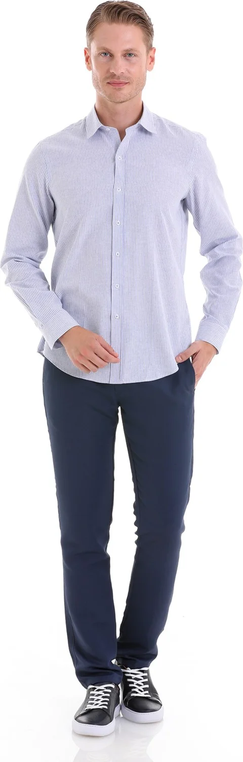 هاتيموغلو Navy Blue T. Comfort Fit Striped Cotton Slim Collar Long Sleeve Sports Shirt
