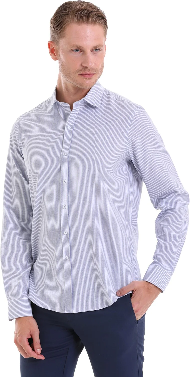 هاتيموغلو Navy Blue T. Comfort Fit Striped Cotton Slim Collar Long Sleeve Sports Shirt