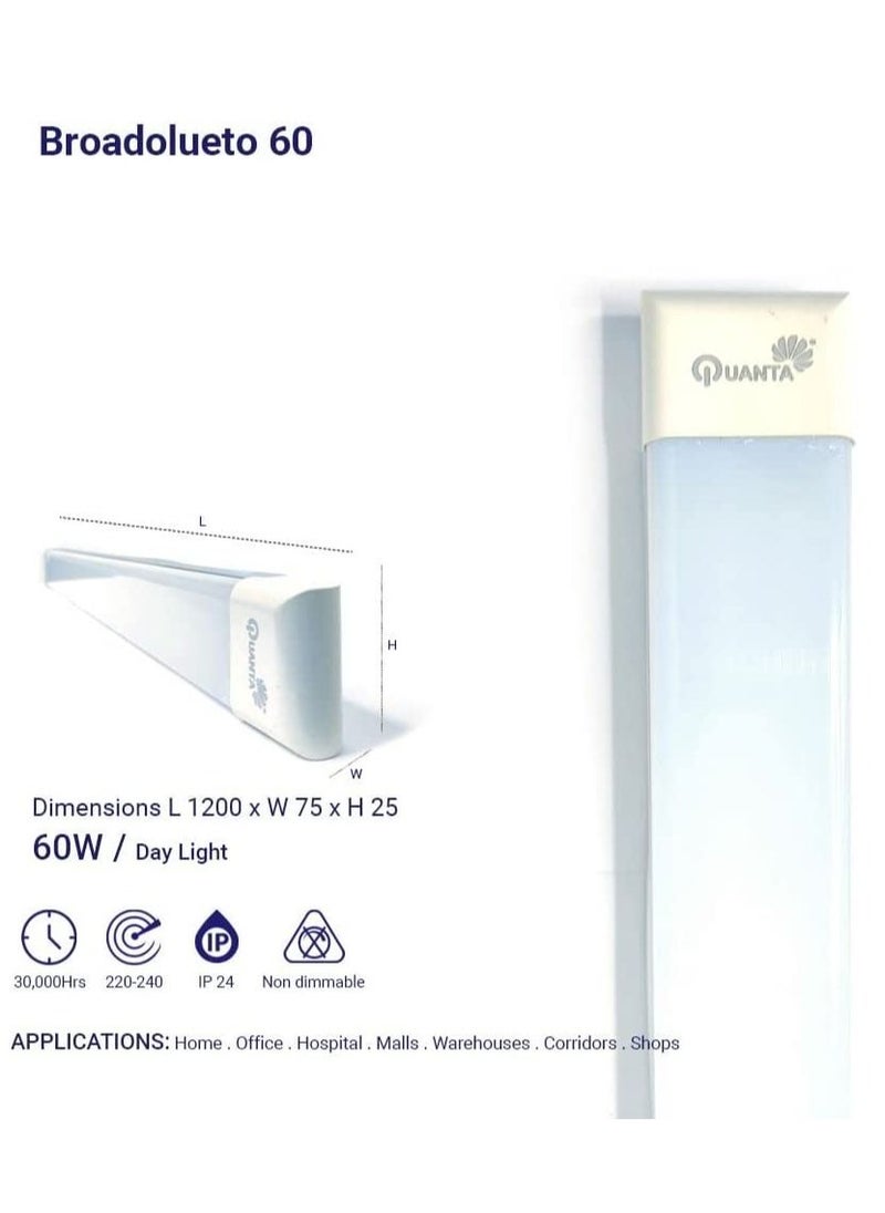Quanta - RACO Quanta 80W 4ft LED Batten Fittings Integrated Tube Lamp 7000k Day light 1200x75x25mm Wall and Ceiling Lighting 30000h Long Lifespan Luminance 5000Lm with Plastic Tube Cover - Image 1