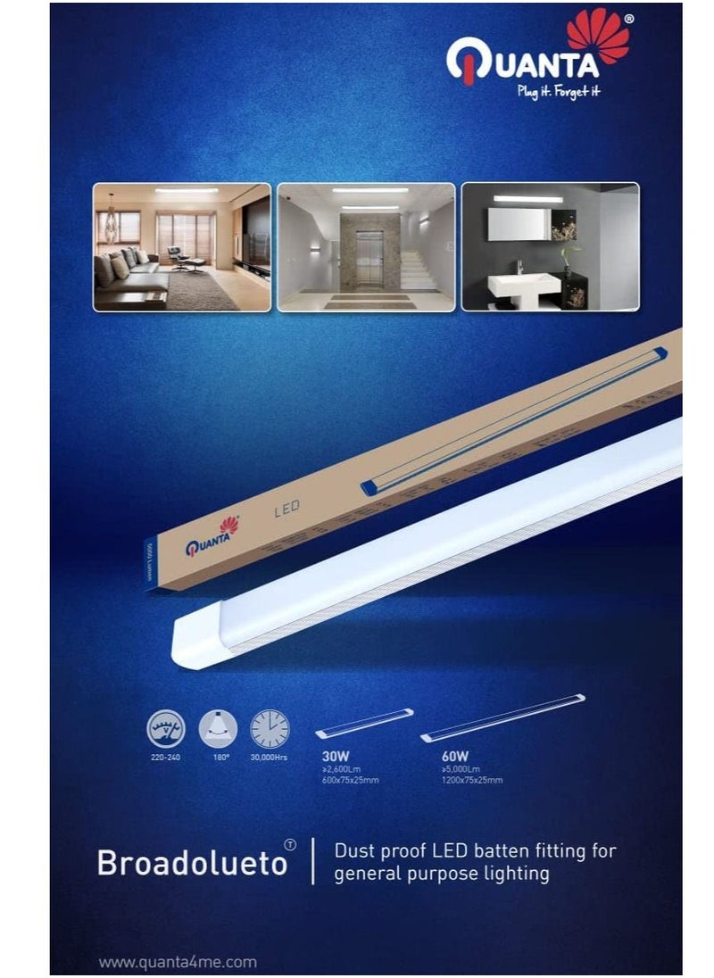 Quanta - RACO Quanta 80W 4ft LED Batten Fittings Integrated Tube Lamp 7000k Day light 1200x75x25mm Wall and Ceiling Lighting 30000h Long Lifespan Luminance 5000Lm with Plastic Tube Cover - Image 1