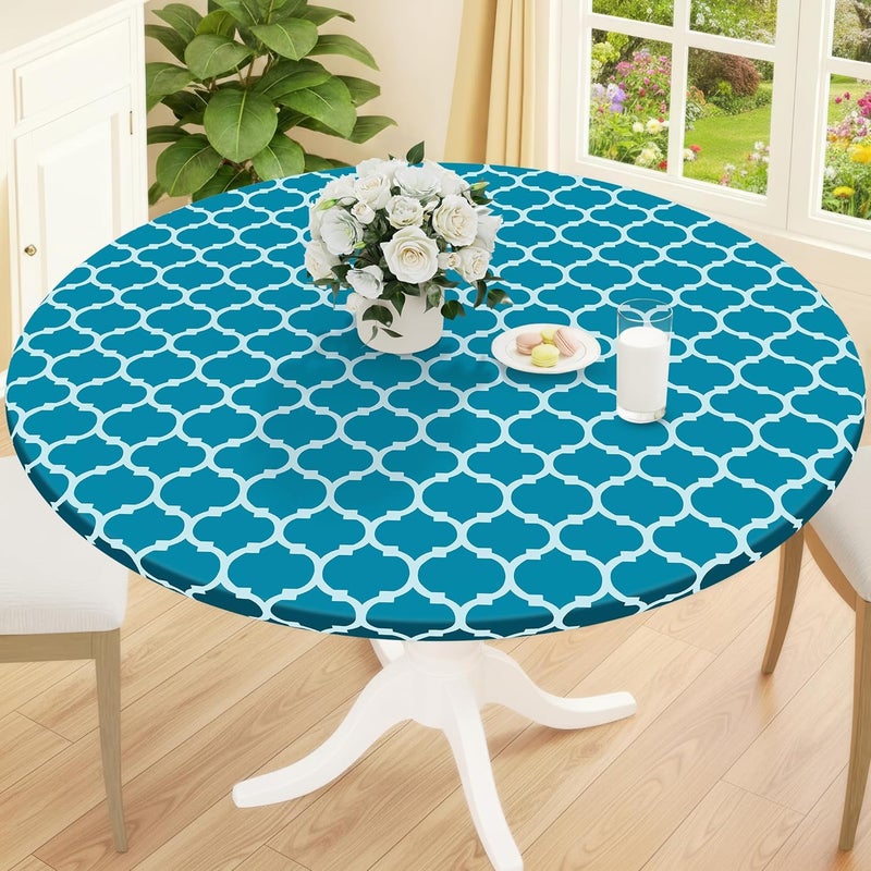 smiry Round Picnic Tablecloth, Waterproof Elastic Fitted Table Covers for 57" - 68" Tables, Wipeable Flannel Backed Vinyl Tablecloths for Camping, Indoor, Outdoor, Turquoise & White - Image 1