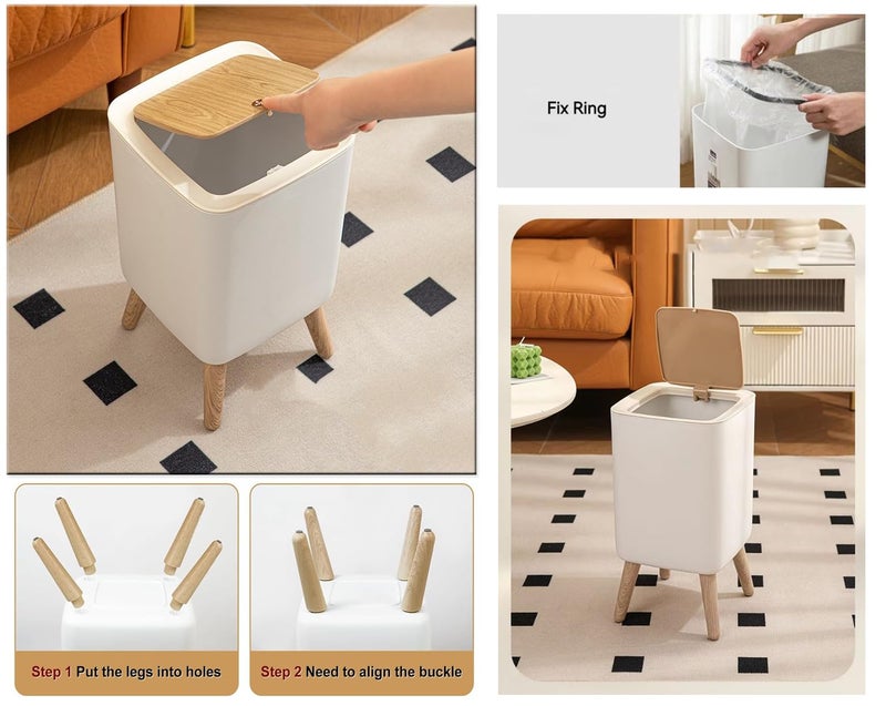 Kriva Modern Plastic Dustbin with Lid | Stylish Indoor Trash Can for Living Room, Bedroom, Kitchen & Office | Compact Waste Bin with Push Button (Beige) - Image 4