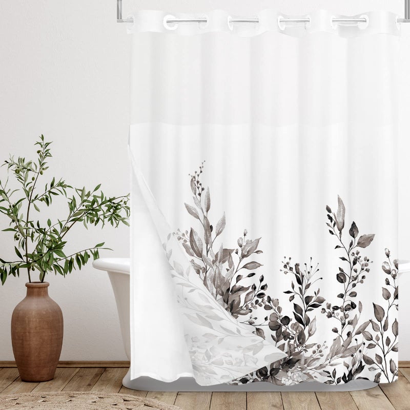 Tititex No Hooks Snap in Liner Black Eucalyptus Leaves Shower Curtain Sets Hotel Luxury Double Layers Waterproof Fabric  SeeThrough Top Window Bathroom Decorative 72x72 Inch