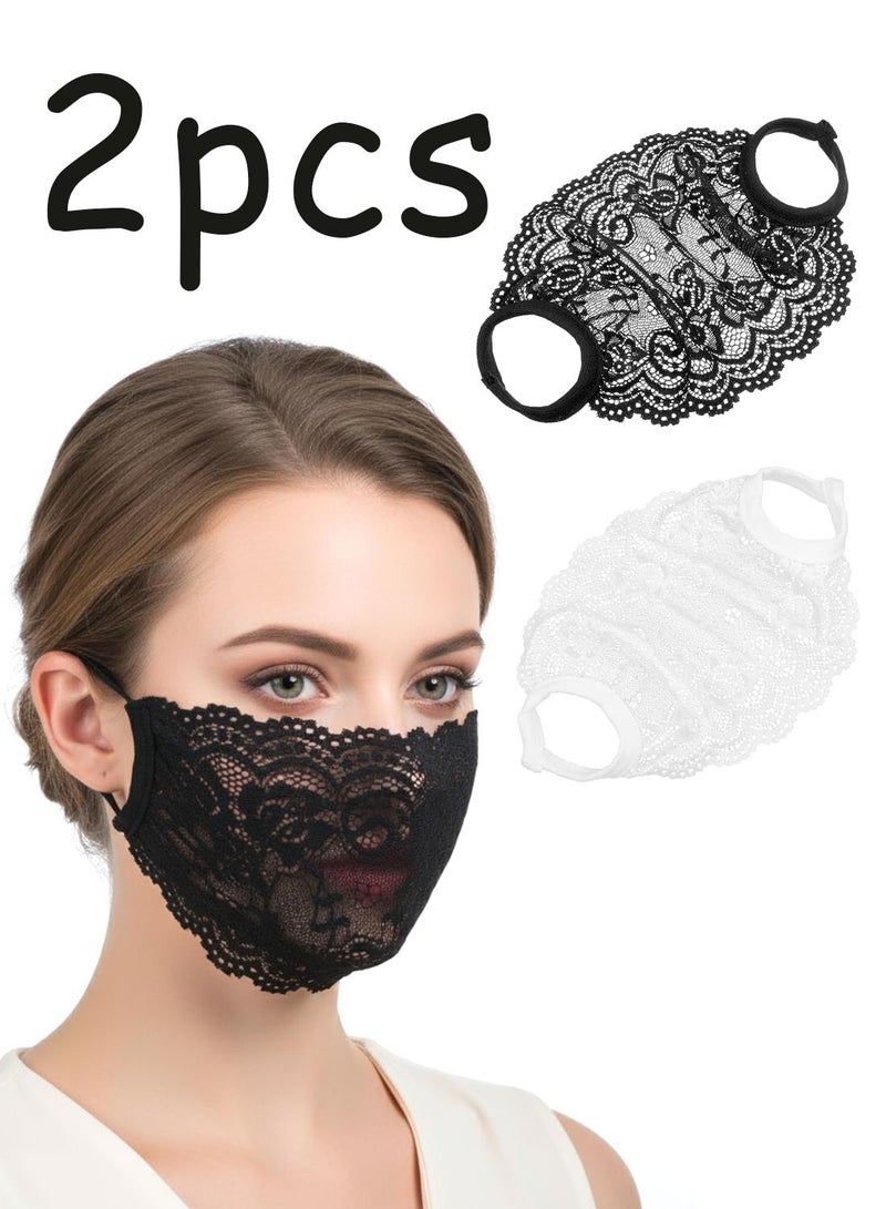 2 Pack Lace Mesh Face Mask, Breathable Hollow Half Face Cover Shield Protective Mask for Women - Image 1