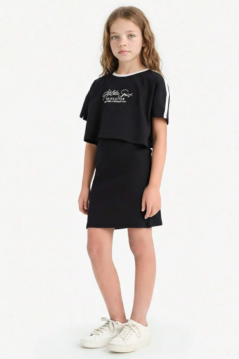 ديفاكتو Girl Crew Neck Corduroy Printed Short Sleeve Dress