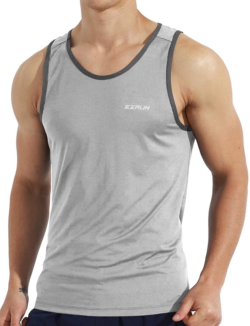 EZRUN Men's Quick Dry Tank Top UPF 50+ Summer Beach Swim Shirts for Gym Workout Athletic Muscle Sleeveless Shirts LightGray