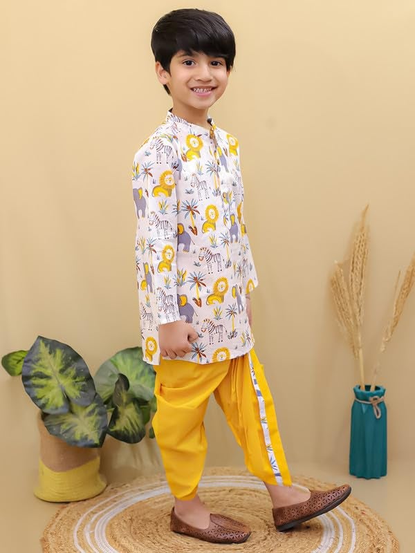 superminis Boys Dhoti Kurta Set Cotton Animal Print Full Sleeves Ethnic Wear for Kids Boys | Kurta Dhoti for Baby Boy | Traditional Dress for Festive (12-18 Months, Yellow White) - Image 5