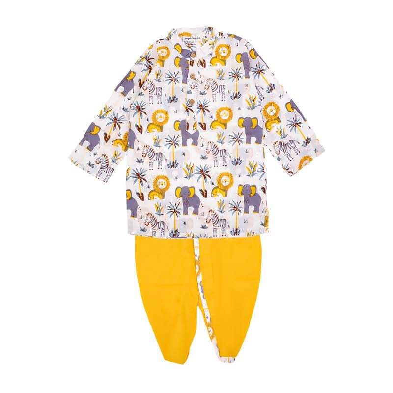 superminis Boys Dhoti Kurta Set Cotton Animal Print Full Sleeves Ethnic Wear for Kids Boys | Kurta Dhoti for Baby Boy | Traditional Dress for Festive (12-18 Months, Yellow White) - Image 1
