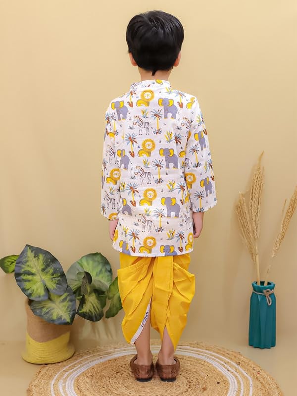 superminis Boys Dhoti Kurta Set Cotton Animal Print Full Sleeves Ethnic Wear for Kids Boys | Kurta Dhoti for Baby Boy | Traditional Dress for Festive (12-18 Months, Yellow White) - Image 3