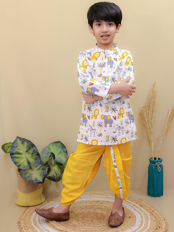 superminis Boys Dhoti Kurta Set Cotton Animal Print Full Sleeves Ethnic Wear for Kids Boys | Kurta Dhoti for Baby Boy | Traditional Dress for Festive (12-18 Months, Yellow White) - Image 2