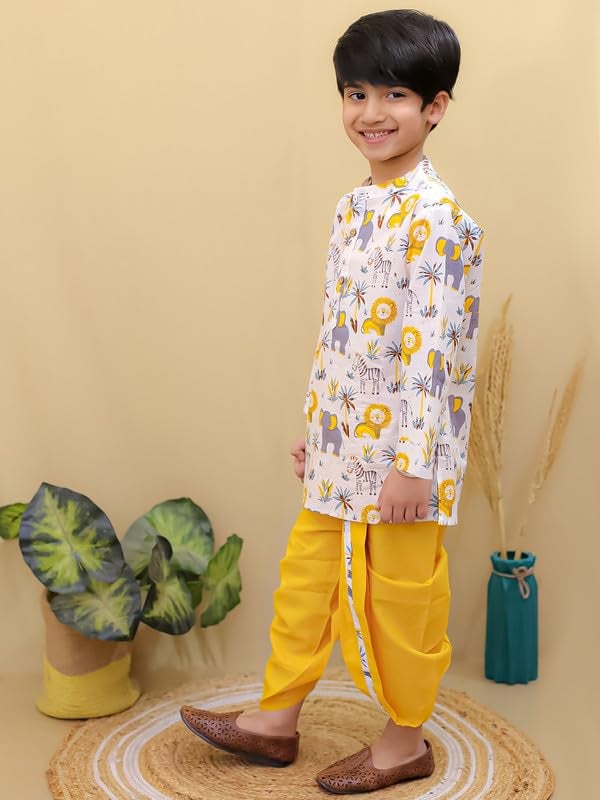 superminis Boys Dhoti Kurta Set Cotton Animal Print Full Sleeves Ethnic Wear for Kids Boys | Kurta Dhoti for Baby Boy | Traditional Dress for Festive (12-18 Months, Yellow White) - Image 4