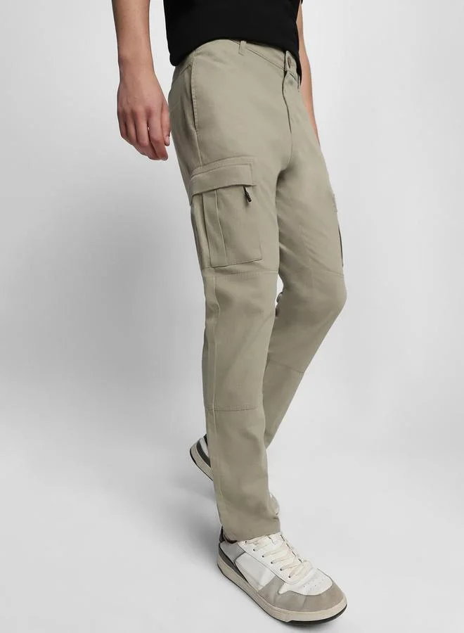 Dennis Lingo beige Men'S Beige Cotton Blend Solid Pattern Full Length Cargo Slim Fit Trouser for Men | Best Price UAE