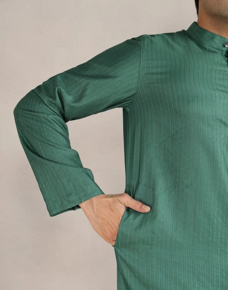 Fabindia Green Viscose Blend Dobby Slim Fit Long Kurta