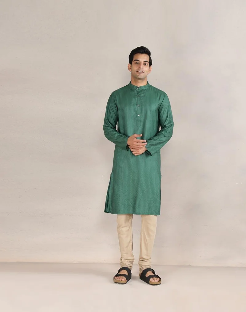 Fabindia Green Viscose Blend Dobby Slim Fit Long Kurta