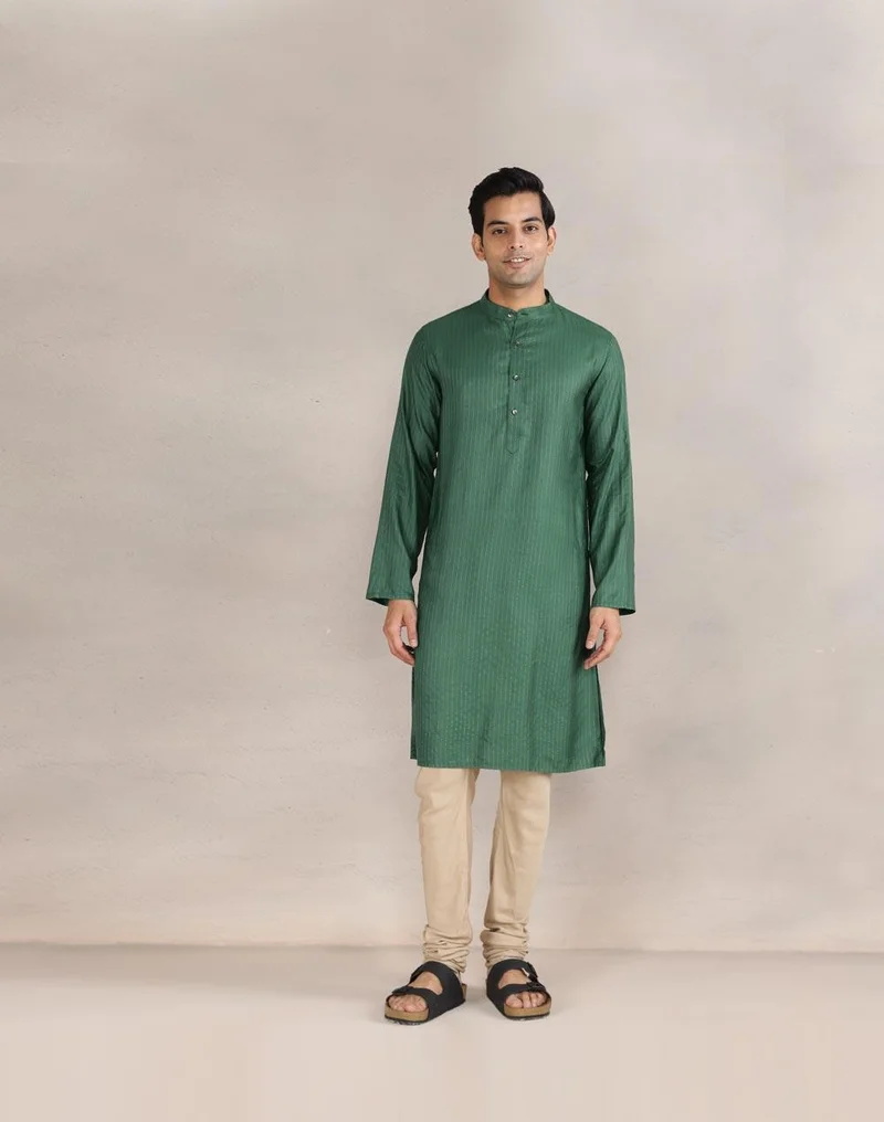Fabindia Green Viscose Blend Dobby Slim Fit Long Kurta