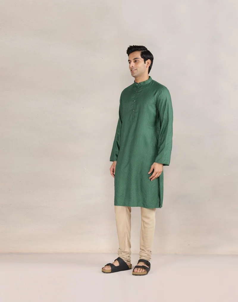 Fabindia Green Viscose Blend Dobby Slim Fit Long Kurta