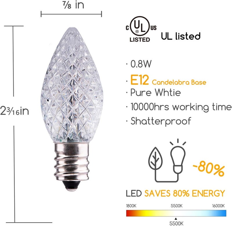Brightown 100 Pack C7 LED Replacement Christmas Light Bulbs C7 Shatterproof LED Bulbs for Christmas String Lights E12 Candelabra Base Commercial Grade Dimmable Holiday Bulbs Pure White - Image 4