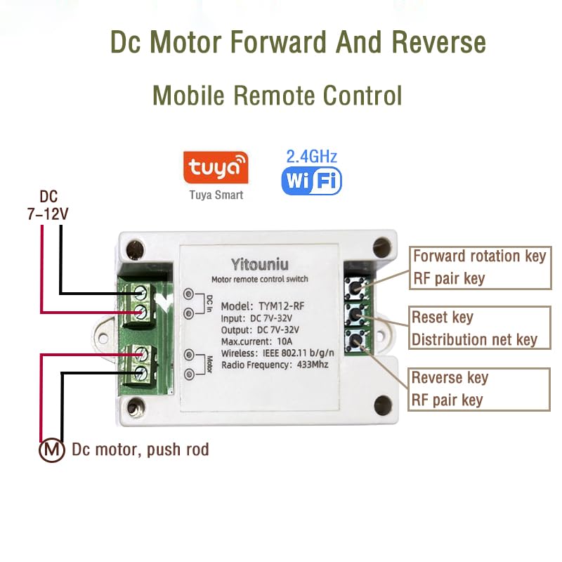 Yitouniu Tuya Smart WiFi/Bluetooth DC Motor Controller 10A 7-32V Reversible Switch with Timer, Voice Control for Electric Actuators, Smart Home (Alexa Compatible) - Image 3