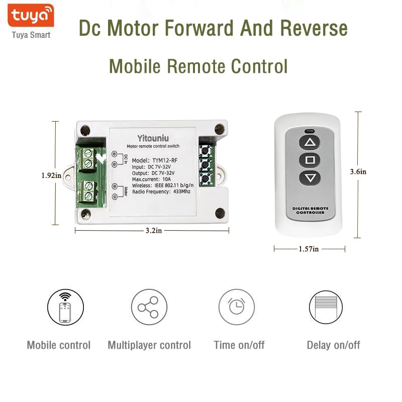 Yitouniu Tuya Smart WiFi/Bluetooth DC Motor Controller 10A 7-32V Reversible Switch with Timer, Voice Control for Electric Actuators, Smart Home (Alexa Compatible) - Image 2