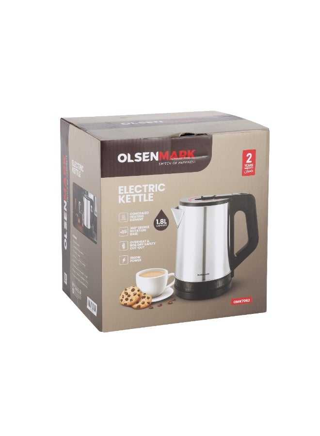 Olsenmark 1.8L Electric Kettle – OMK7062 | 1500W, 360° Rotating Base, Safety Cut-Off, Dry Boil & Overheat Protection | Black & Silver, 2 Years Warranty 1.8 L 1500 W OMK7062 Black and Silver - Image 4