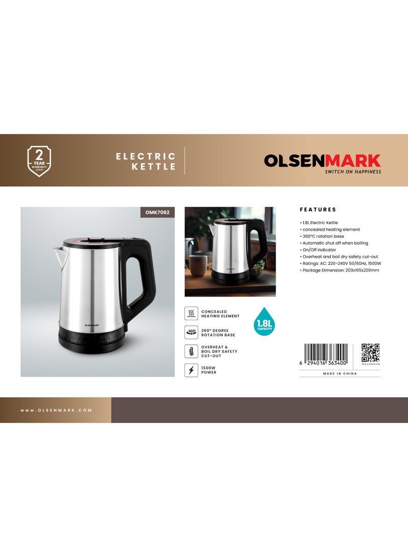 Olsenmark 1.8L Electric Kettle – OMK7062 | 1500W, 360° Rotating Base, Safety Cut-Off, Dry Boil & Overheat Protection | Black & Silver, 2 Years Warranty 1.8 L 1500 W OMK7062 Black and Silver - Image 2