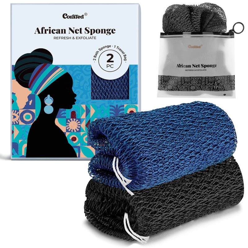 CORATED African Net Sponge Authentic, Shower Loofah Exfoliating Bath Sponge, Body Scrubber for Women and Men Daily Use Body Care, Travel Portable Bath Accessories for Bathroom (Blue & Black) - Image 1