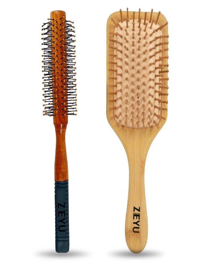 Zeyu Premium Bamboo Paddle & Round Hair Brush Set | Styling & Scalp Massage - Image 1