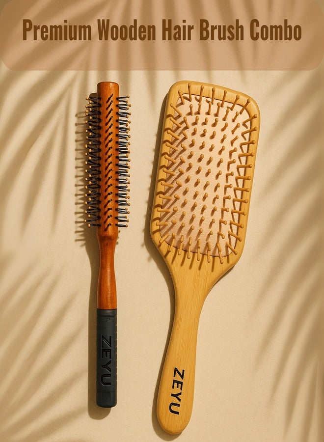 Zeyu Premium Bamboo Paddle & Round Hair Brush Set | Styling & Scalp Massage - Image 2