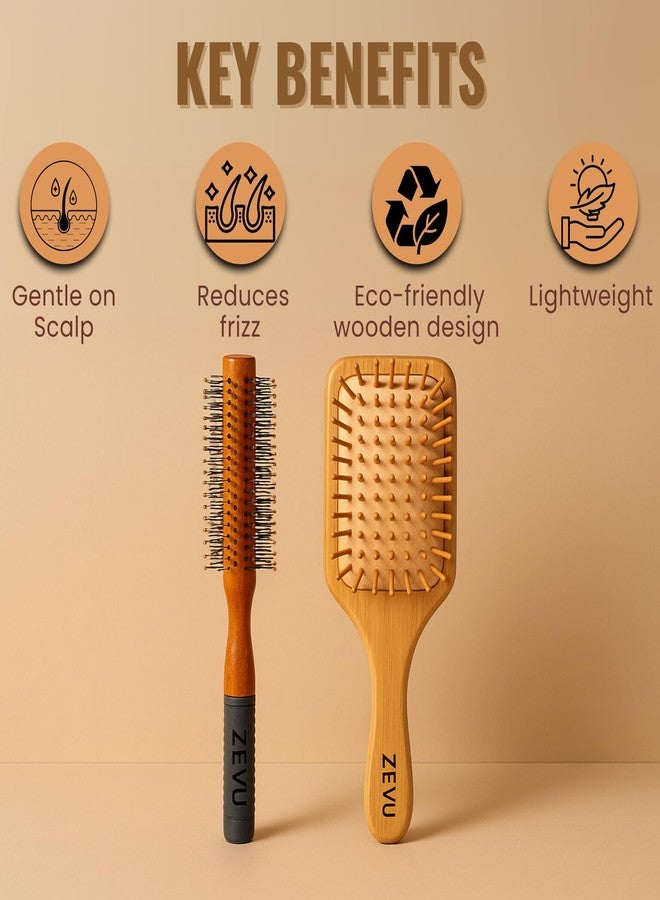Zeyu Premium Bamboo Paddle & Round Hair Brush Set | Styling & Scalp Massage - Image 5