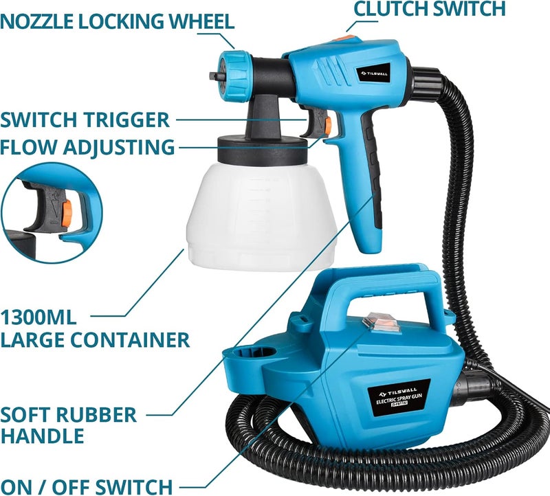 TILSWALL Paint Sprayer, 800W HVLP 1200ML/Min Electric Spray Paint Gun with 2.5M Air Hose, 1300ML Detachable Container, 3 Nozzle Sizes & 3 Patterns, High Power Painter for Furniture, Cabinet, Fence - Image 4