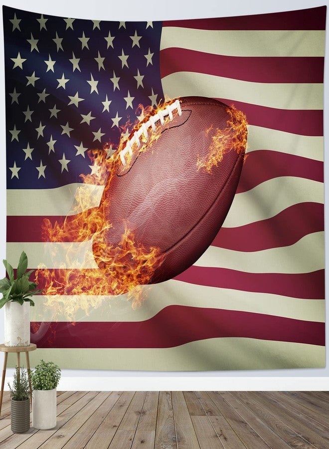 HVEST American Flag Football Tapestry Wall Hanging Sports Wall Tapestry Flaming Football Wall Art American Flag Backdrop for Men Boys Bedroom Room Decor,60Wx40H inches - Image 1