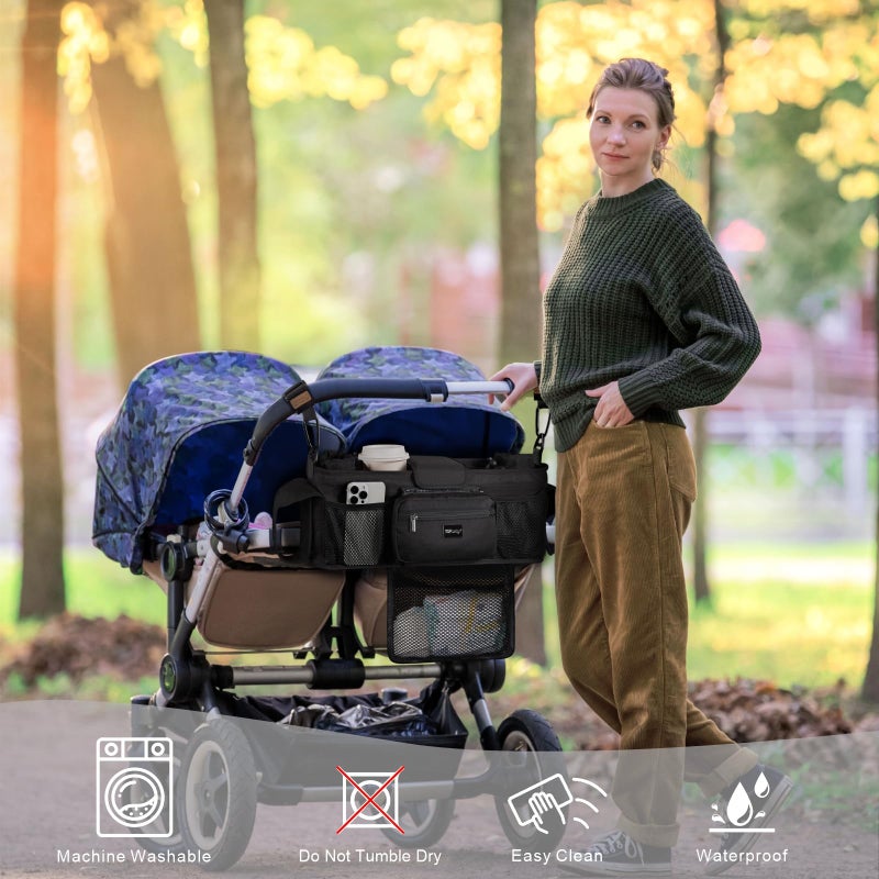 TOPDesign Universal Baby Stroller Organizer, Double Stroller Caddy with Detachable Mesh Bag & Heightened Insulated Cup Holders & Non-Slip Secure Hooks Accessories, Fits Most Strollers (Black) - Image 2