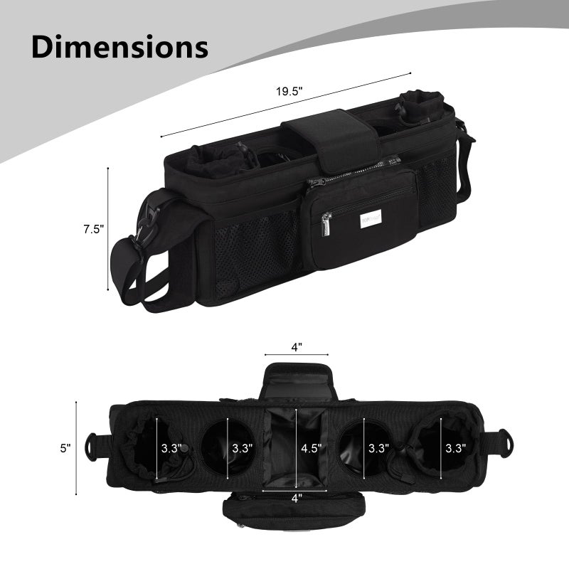TOPDesign Universal Baby Stroller Organizer, Double Stroller Caddy with Detachable Mesh Bag & Heightened Insulated Cup Holders & Non-Slip Secure Hooks Accessories, Fits Most Strollers (Black) - Image 3