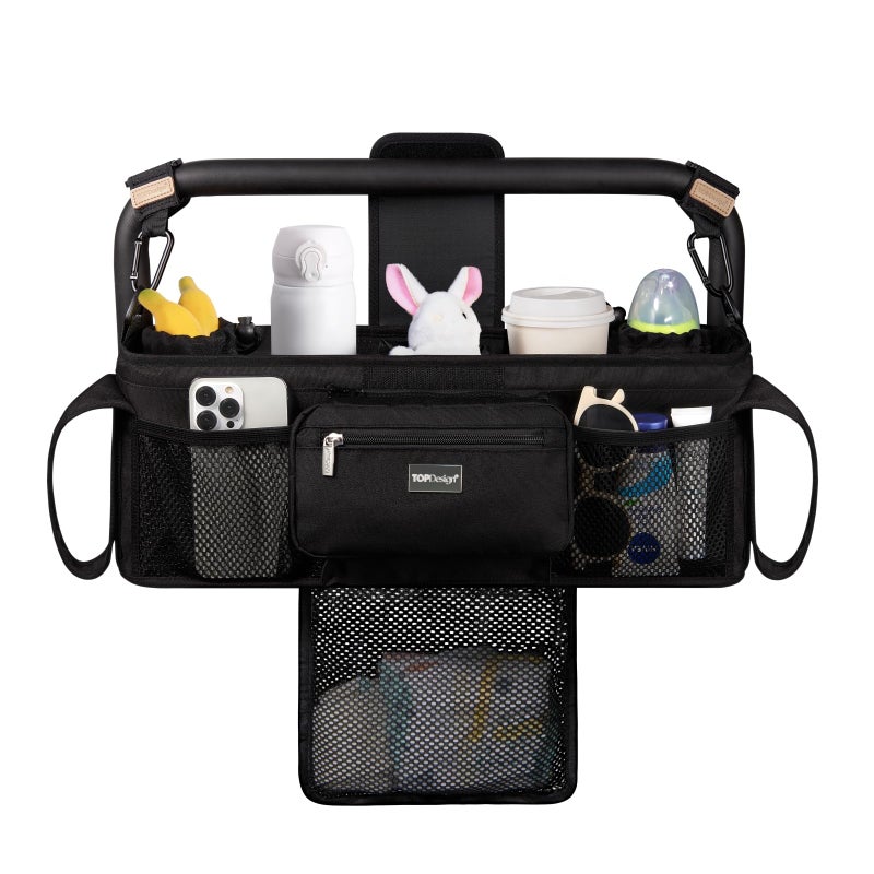 TOPDesign Universal Baby Stroller Organizer, Double Stroller Caddy with Detachable Mesh Bag & Heightened Insulated Cup Holders & Non-Slip Secure Hooks Accessories, Fits Most Strollers (Black) - Image 1