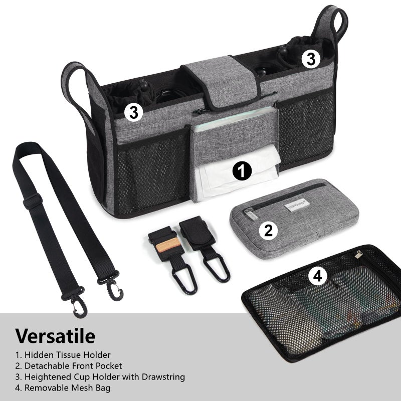 TOPDesign Universal Baby Stroller Organizer, Double Stroller Caddy with Detachable Mesh Bag & Heightened Insulated Cup Holders & Non-Slip Secure Hooks Accessories, Fits Most Strollers (Black) - Image 4