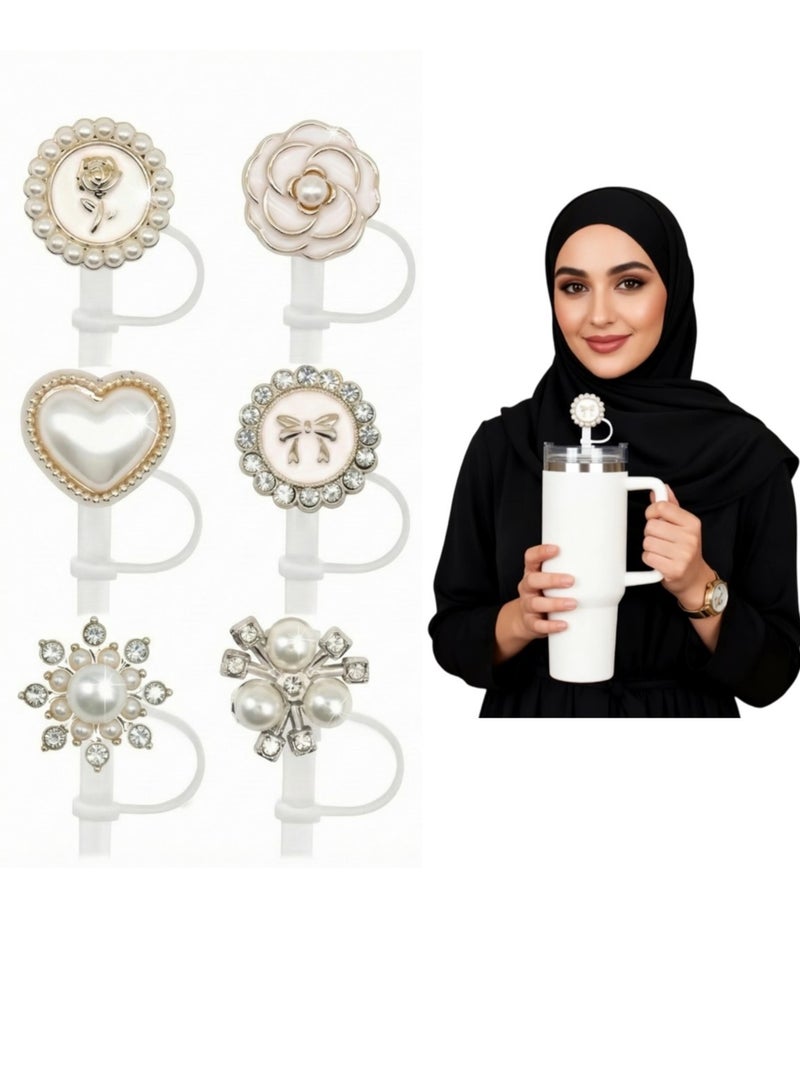 Reema Silicone Straw Topper 10mm Straw Cover Cap for 40oz 30oz Tumblers Dustproof Reusable Leakproof Splash Guard Straw Plug Heart Bow Pearl White for Women Girls Travel Gym Gift - Image 1