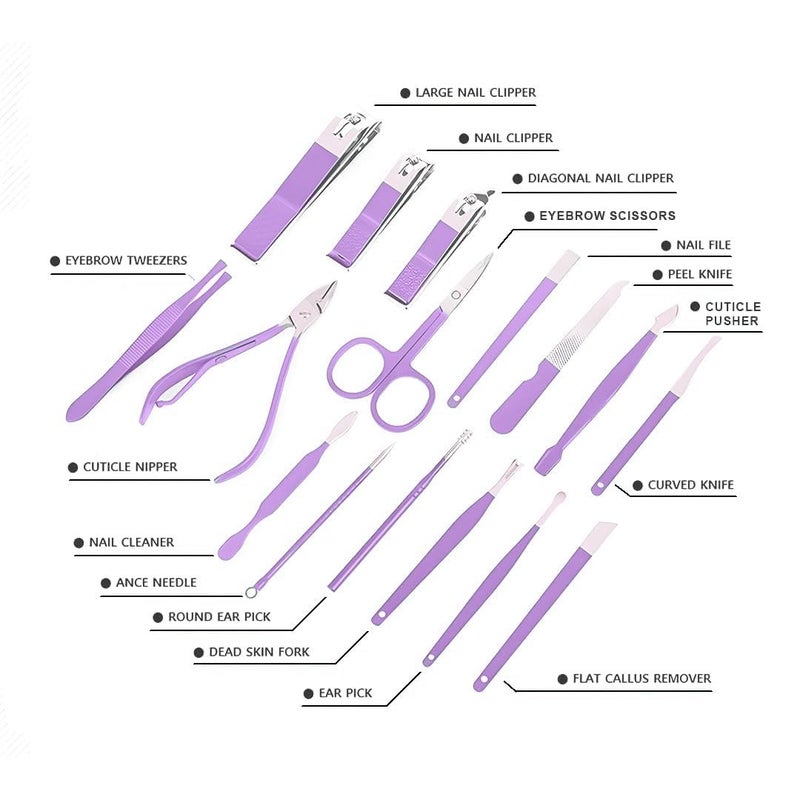 VALAMJI VALAMJI 16 in 1 Stainless Steel Professional Manicure Set Nail Cutter for Women Nail Scissors Luxury Grooming Kit Manicure Pedicure Kit with Leather Case for Women Nail Repairs Acne Remover needle 1 Set Purple - Image 5