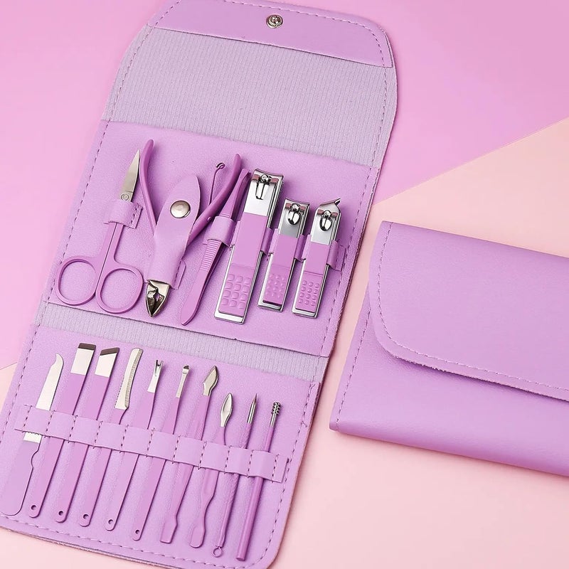 VALAMJI VALAMJI 16 in 1 Stainless Steel Professional Manicure Set Nail Cutter for Women Nail Scissors Luxury Grooming Kit Manicure Pedicure Kit with Leather Case for Women Nail Repairs Acne Remover needle 1 Set Purple - Image 1