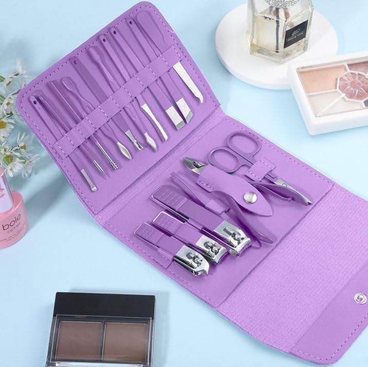VALAMJI VALAMJI 16 in 1 Stainless Steel Professional Manicure Set Nail Cutter for Women Nail Scissors Luxury Grooming Kit Manicure Pedicure Kit with Leather Case for Women Nail Repairs Acne Remover needle 1 Set Purple - Image 3