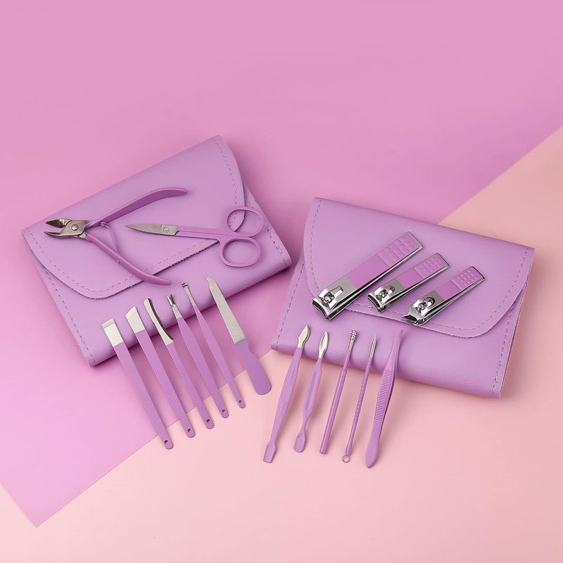 VALAMJI VALAMJI 16 in 1 Stainless Steel Professional Manicure Set Nail Cutter for Women Nail Scissors Luxury Grooming Kit Manicure Pedicure Kit with Leather Case for Women Nail Repairs Acne Remover needle 1 Set Purple - Image 4