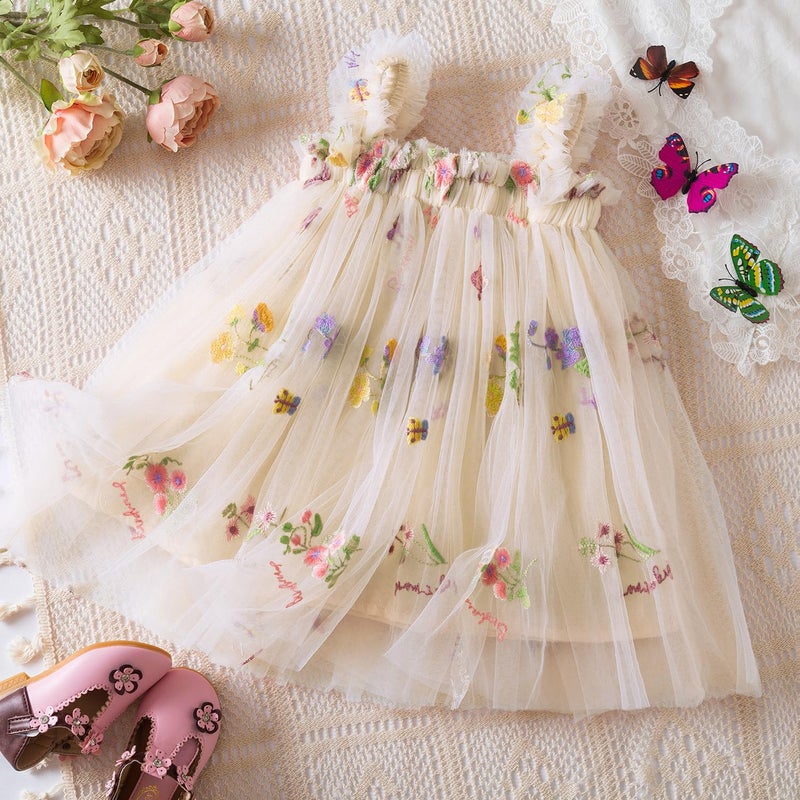 NNJXD Baby Girl Tulle Dress Casual Strap Sleeveless Flower Embroidery Toddler Dresses 2107 Yellow Size(80) 6-12 Months - Image 2