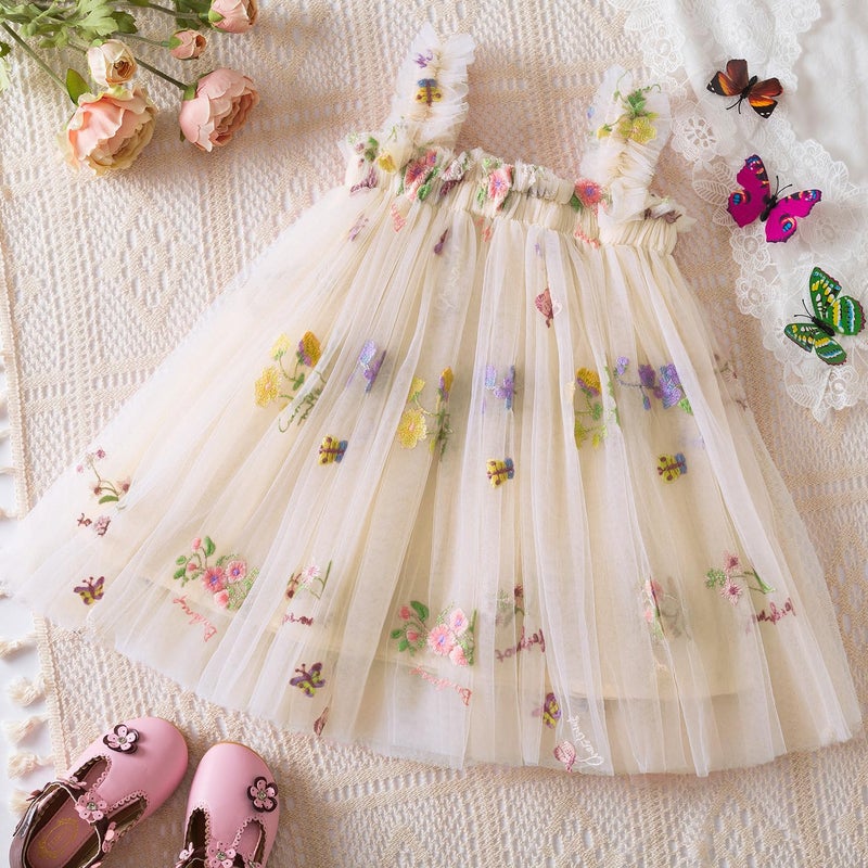 NNJXD Baby Girl Tulle Dress Casual Strap Sleeveless Flower Embroidery Toddler Dresses 2107 Yellow Size(80) 6-12 Months - Image 3