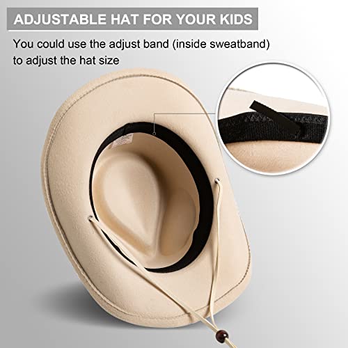 Jastore Kids Girls Boys Wide Brim Western Cowboy Cowgirl Hat with Wind Lanyard Felt Fedora Hat (Beige, 5-12 Years) - Image 3