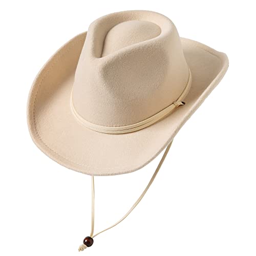 Jastore Kids Girls Boys Wide Brim Western Cowboy Cowgirl Hat with Wind Lanyard Felt Fedora Hat (Beige, 5-12 Years) - Image 1