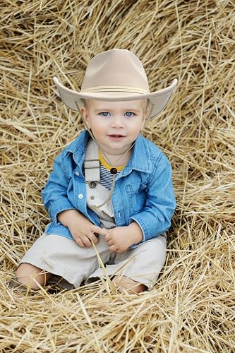 Jastore Kids Girls Boys Wide Brim Western Cowboy Cowgirl Hat with Wind Lanyard Felt Fedora Hat (Beige, 5-12 Years) - Image 4