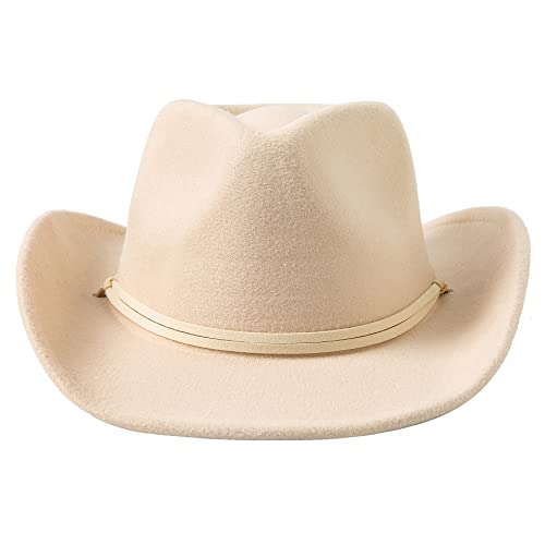 Jastore Kids Girls Boys Wide Brim Western Cowboy Cowgirl Hat with Wind Lanyard Felt Fedora Hat (Beige, 5-12 Years) - Image 2