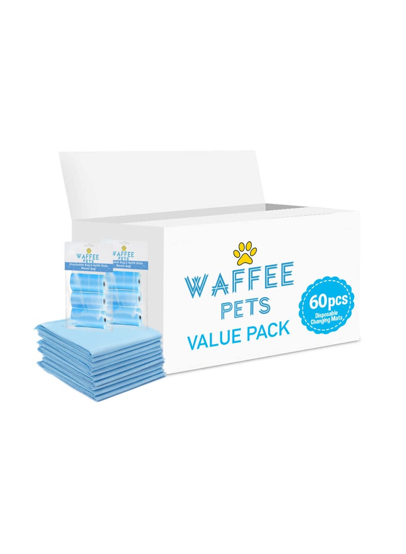 Waffee Waffee Disposable Changing Mat 60 + Pack of 2 Refill BLUE (6 Rolls) 120 Nappy Bags  - Image 1