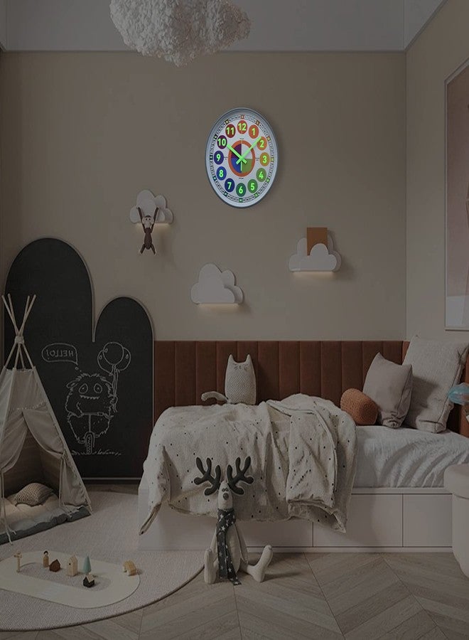 DORBOKER Learning Clock for kids, Glow in The Dark Wall Clock for Bedroom, 12 Inch Silent Night Light Kids Wall Clock, Colorful Illuminated Telling Time Teaching Clock,Kids Room Decor (Illuminated Gray) - Image 5